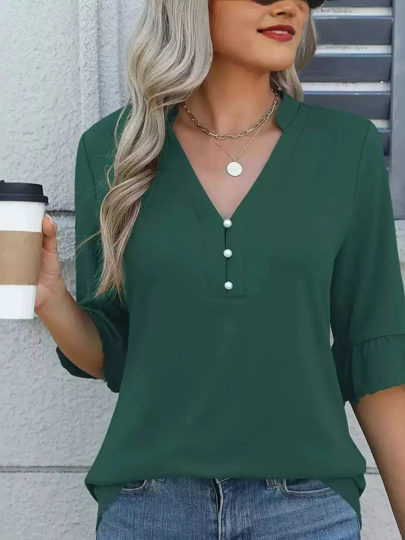 Full Size Notched Flounce Sleeve Blouse