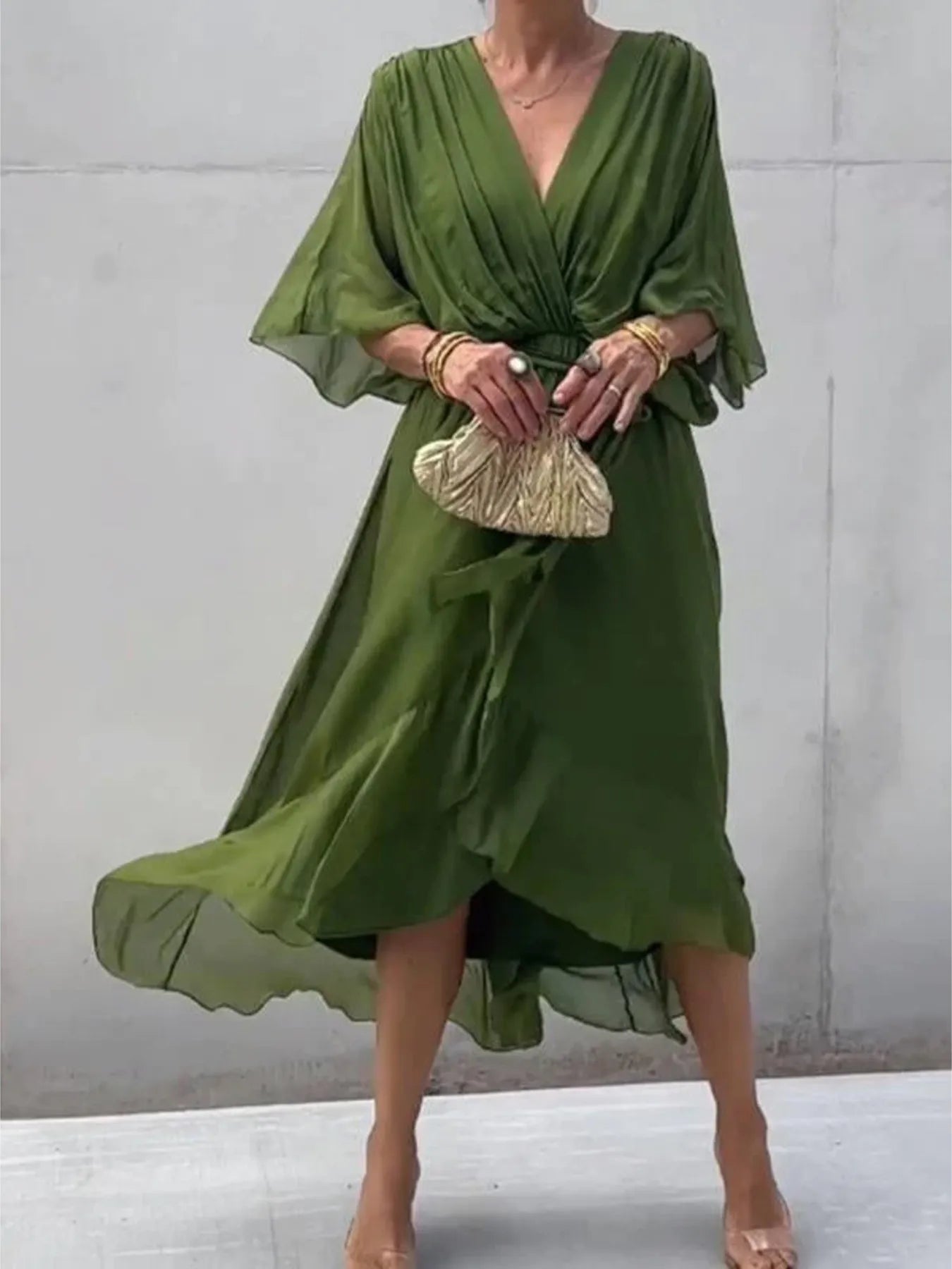 Flowy Tie Front Midi Dress with Flutter Sleeves