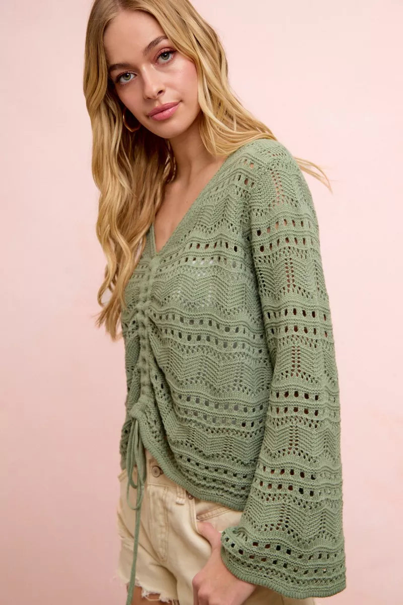 Green Pointelle Knit V Neck Ruched Front Lightweight Top