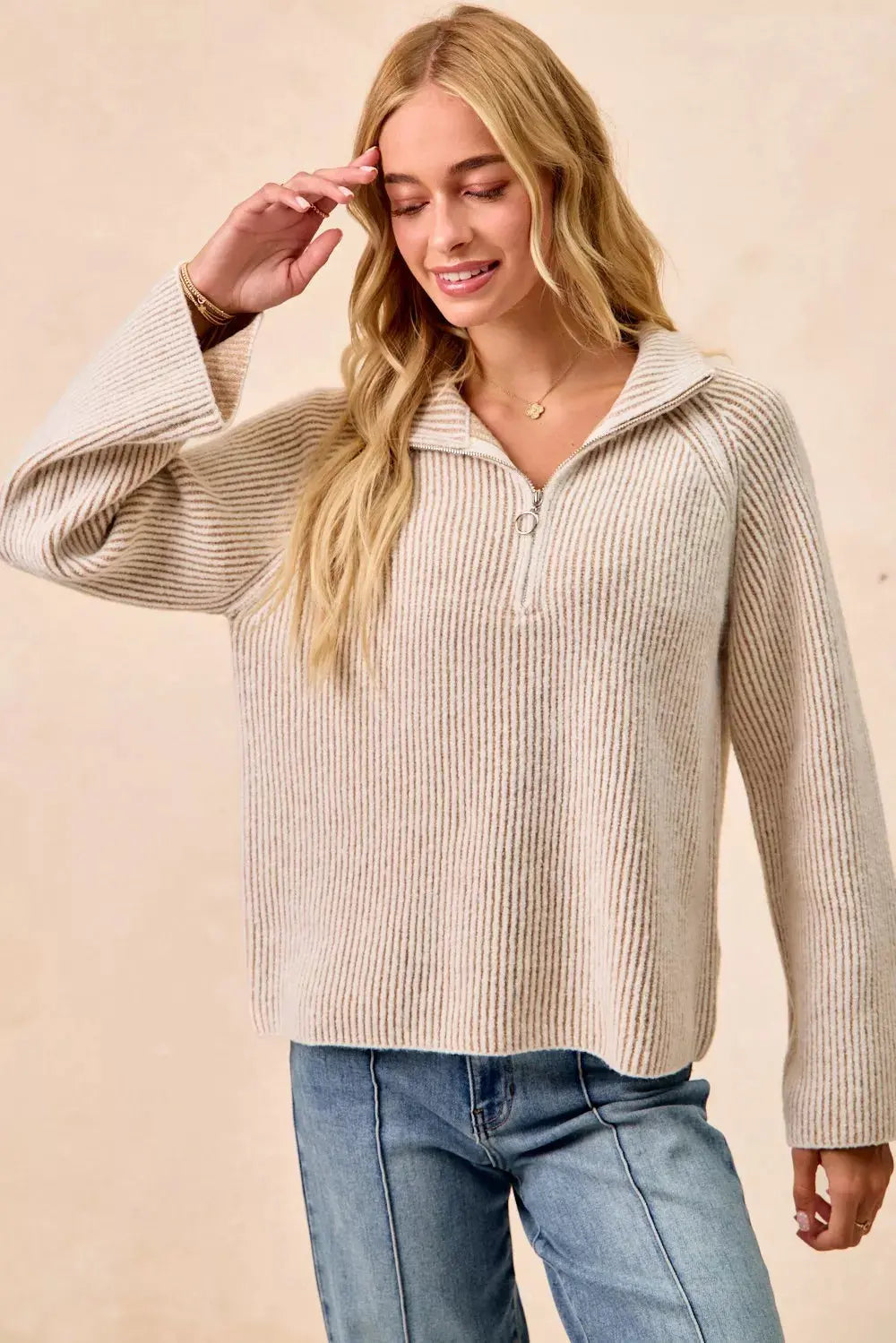 BiBi Two Tone Ribbed Textured Knit Sweater with Zip Up Collar