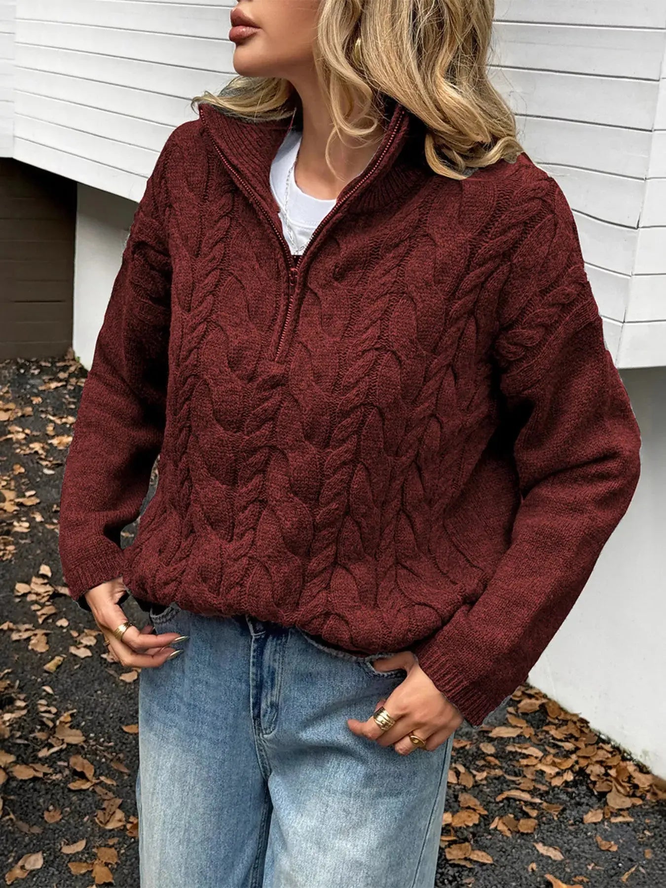 Zip Collar Cable Knit Sweater
