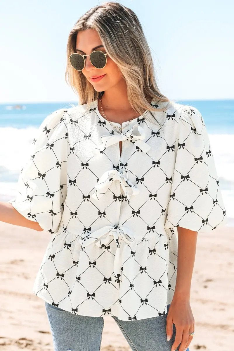 Accessories Love Salve White Bowknot Blouse Women's Elegant Top Front Knots Bubble Sleeve