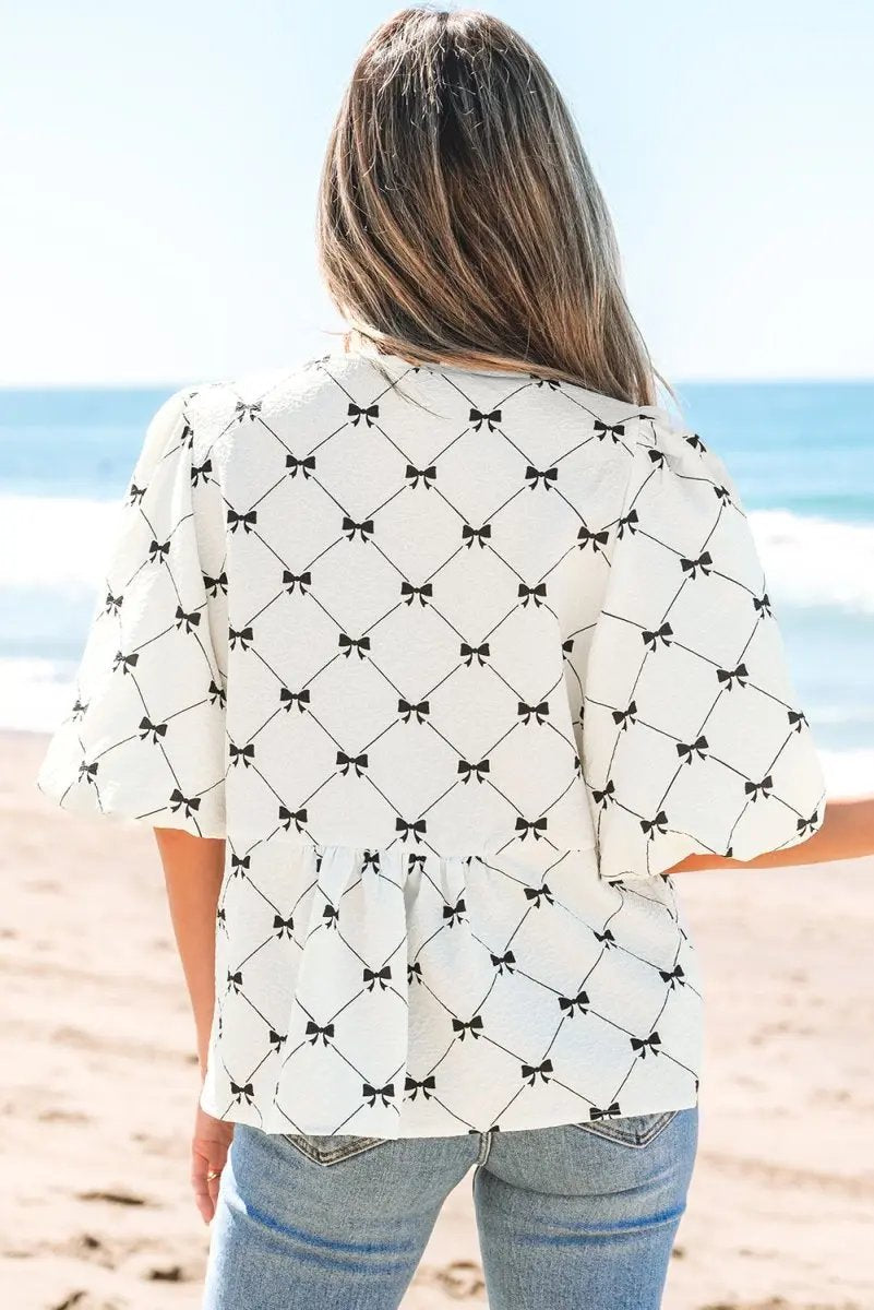 Accessories Love Salve White Bowknot Blouse Women's Elegant Top Front Knots Bubble Sleeve