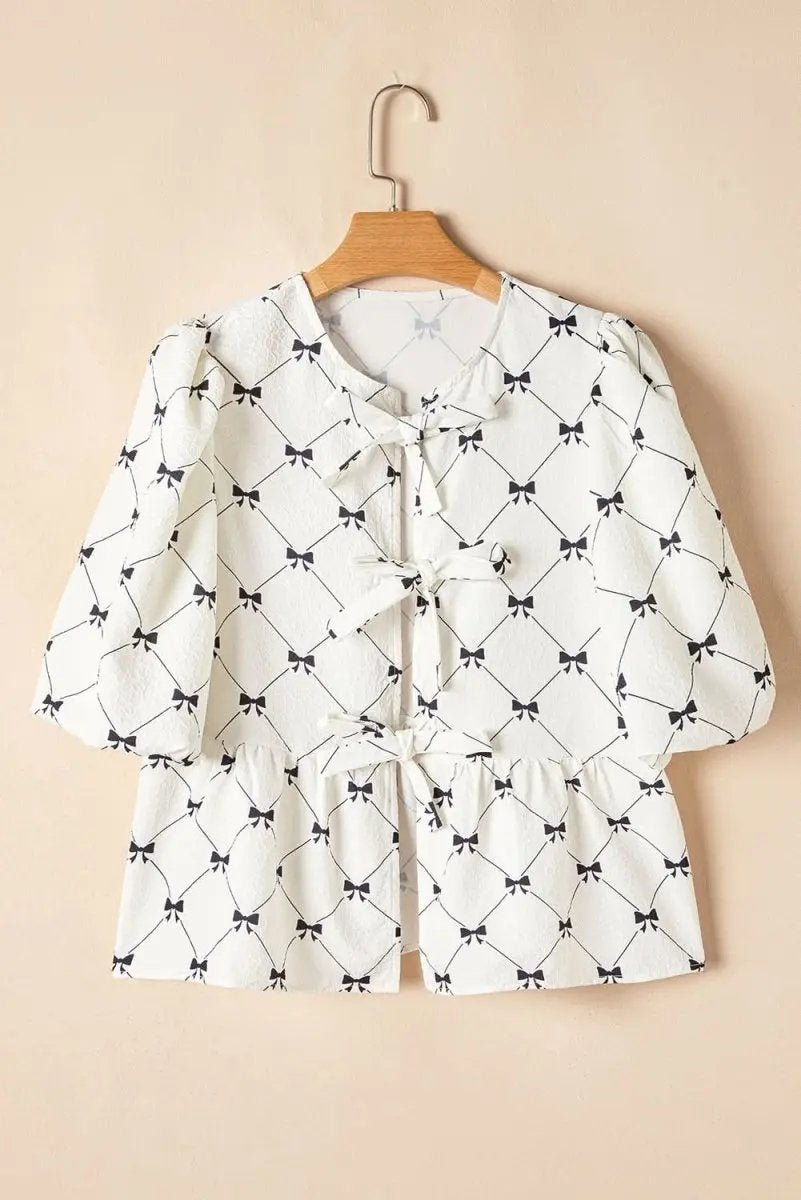 Accessories Love Salve White Bowknot Blouse Women's Elegant Top Front Knots Bubble Sleeve