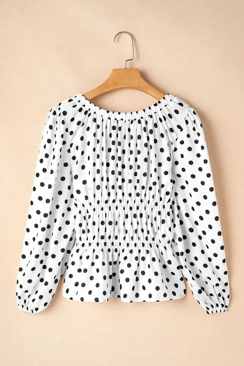 Love Salve Black Polka Dot Peplum Top With Bow Detail