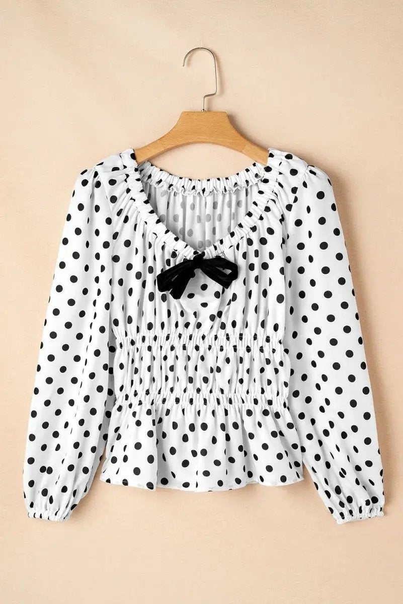 Love Salve Black Polka Dot Peplum Top With Bow Detail