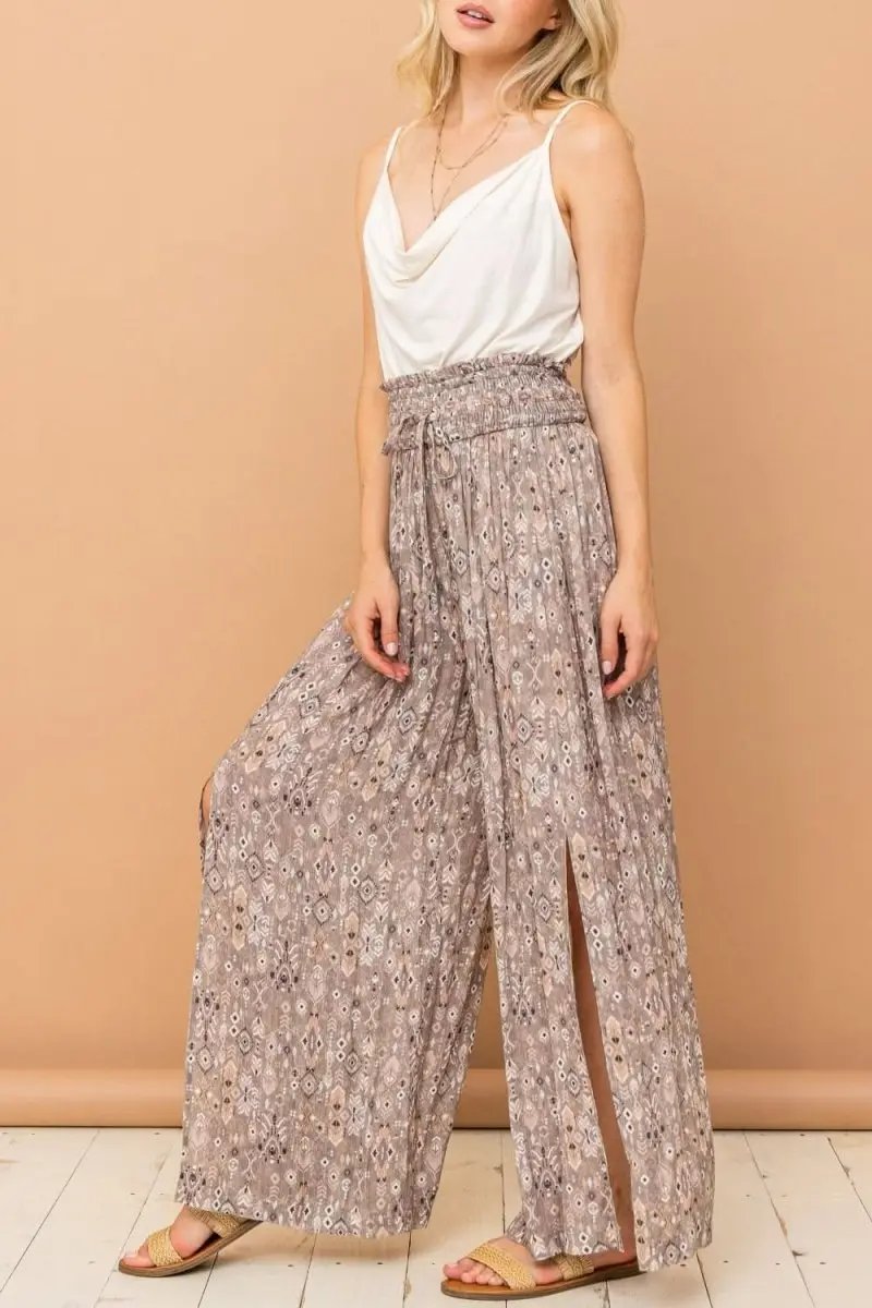 Trendsi Printed Pants Women's Casual Wide Leg Slit Pants Comfy Smocked Waist