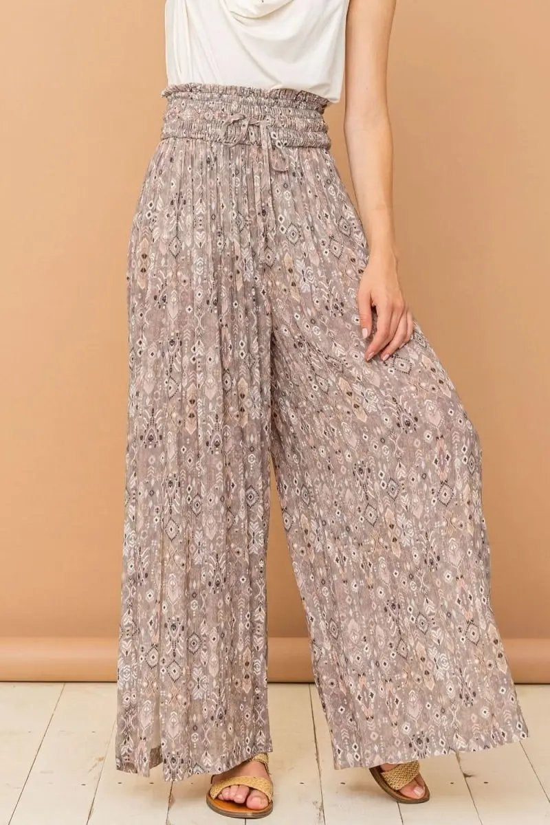 Trendsi Printed Pants Women's Casual Wide Leg Slit Pants Comfy Smocked Waist