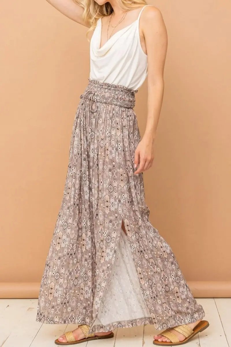 Trendsi Printed Pants Women's Casual Wide Leg Slit Pants Comfy Smocked Waist