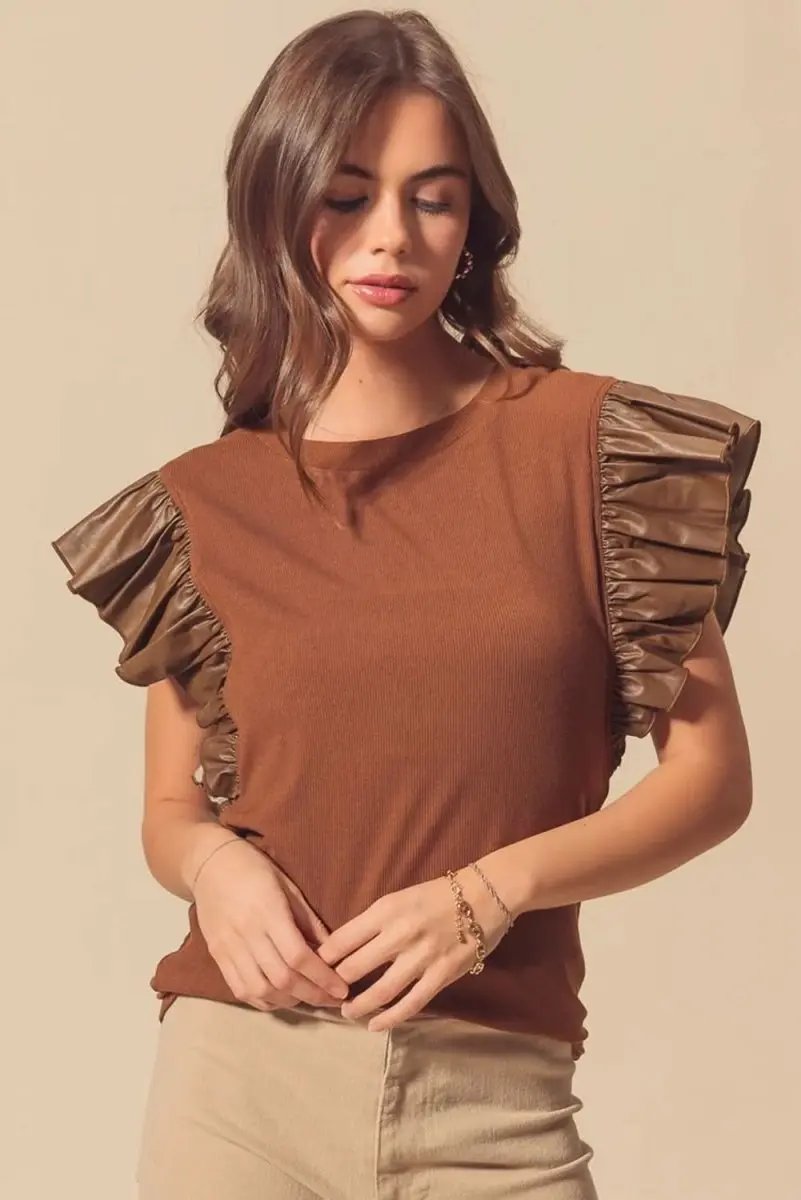 Accessories Love Salve Cinnamon Faux Leather Women's Southern Belle Blouse Ruffle Sleeve Chic