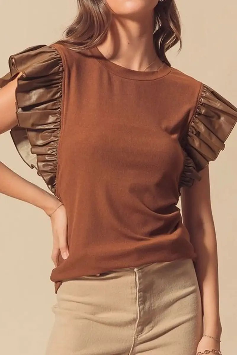 Accessories Love Salve Cinnamon Faux Leather Women's Southern Belle Blouse Ruffle Sleeve Chic