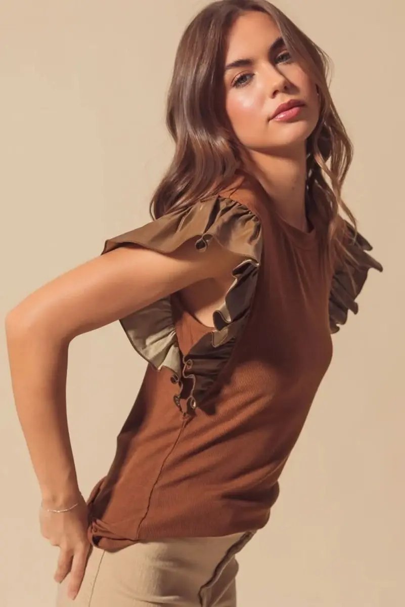 Accessories Love Salve Cinnamon Faux Leather Women's Southern Belle Blouse Ruffle Sleeve Chic