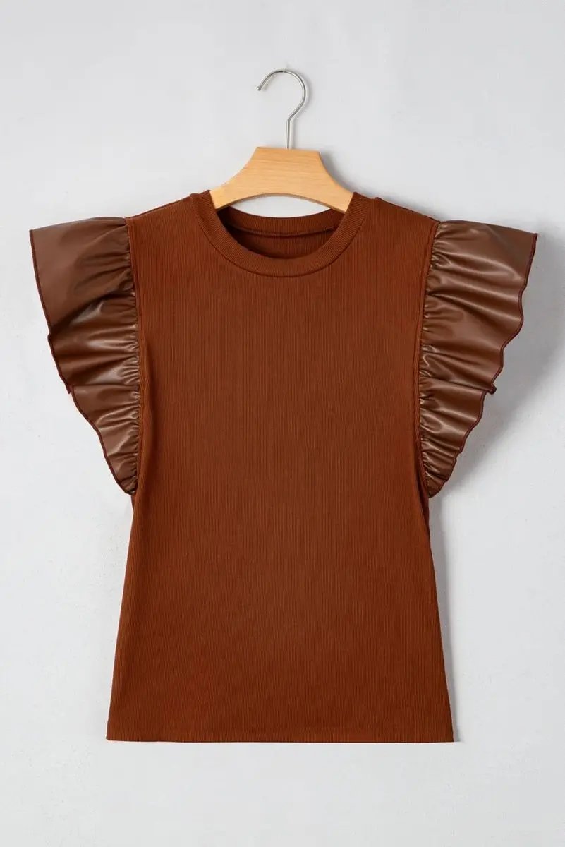 Accessories Love Salve Cinnamon Faux Leather Women's Southern Belle Blouse Ruffle Sleeve Chic
