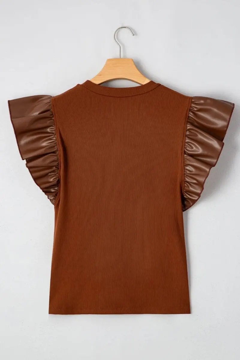 Accessories Love Salve Cinnamon Faux Leather Women's Southern Belle Blouse Ruffle Sleeve Chic