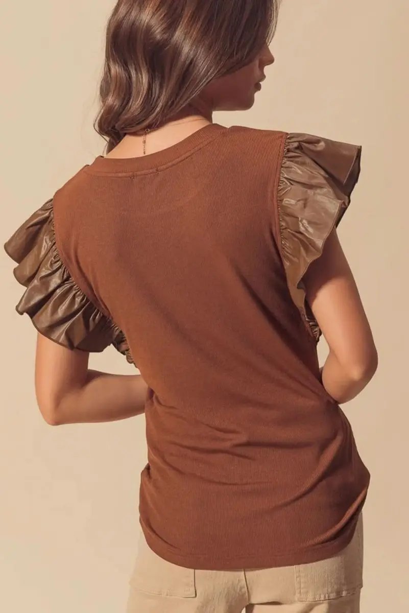 Accessories Love Salve Cinnamon Faux Leather Women's Southern Belle Blouse Ruffle Sleeve Chic