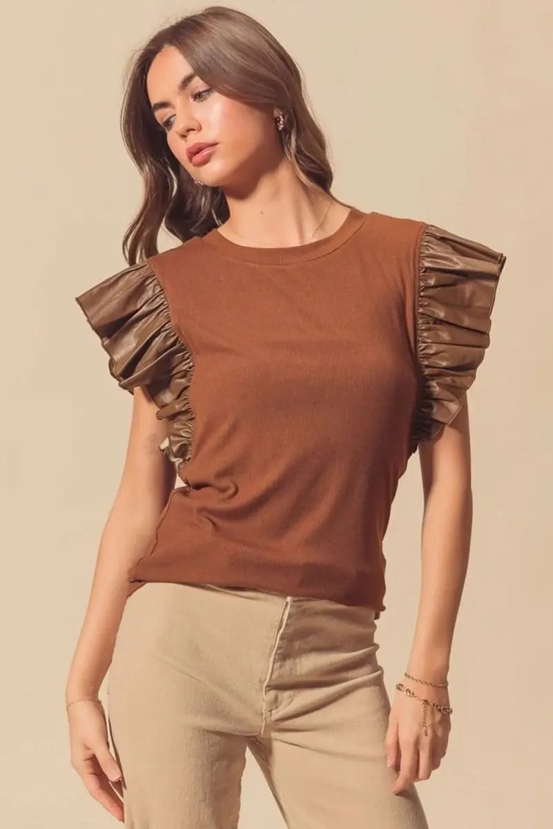 Accessories Love Salve Cinnamon Faux Leather Women's Southern Belle Blouse Ruffle Sleeve Chic