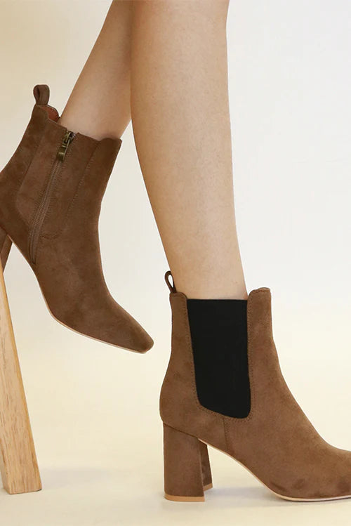 Coffee Brown Faux Suede Block Heel Chelsea Boots with Elastic Side Panel