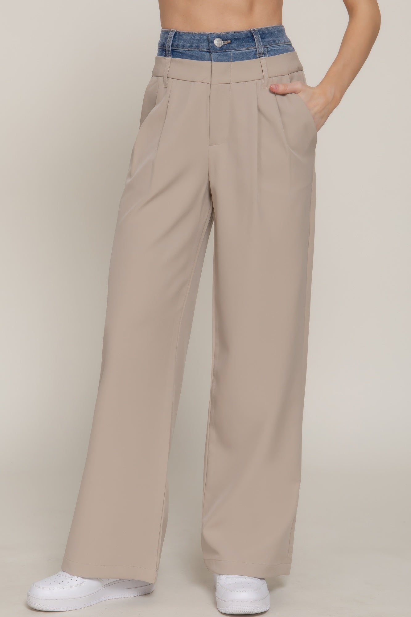 Contrast Denim Waist Straight Long Pants
