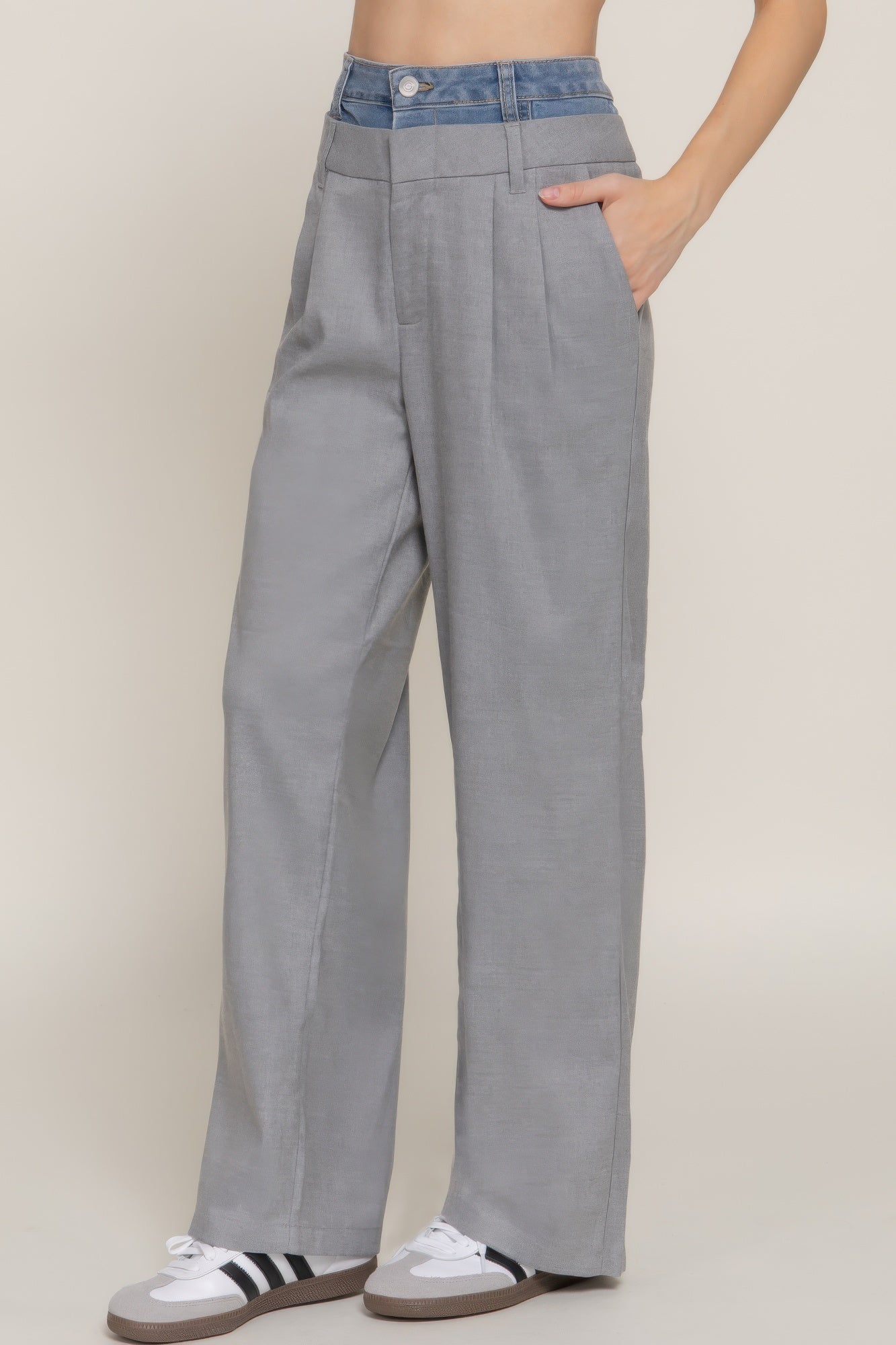 Contrast Denim Waist Straight Long Pants
