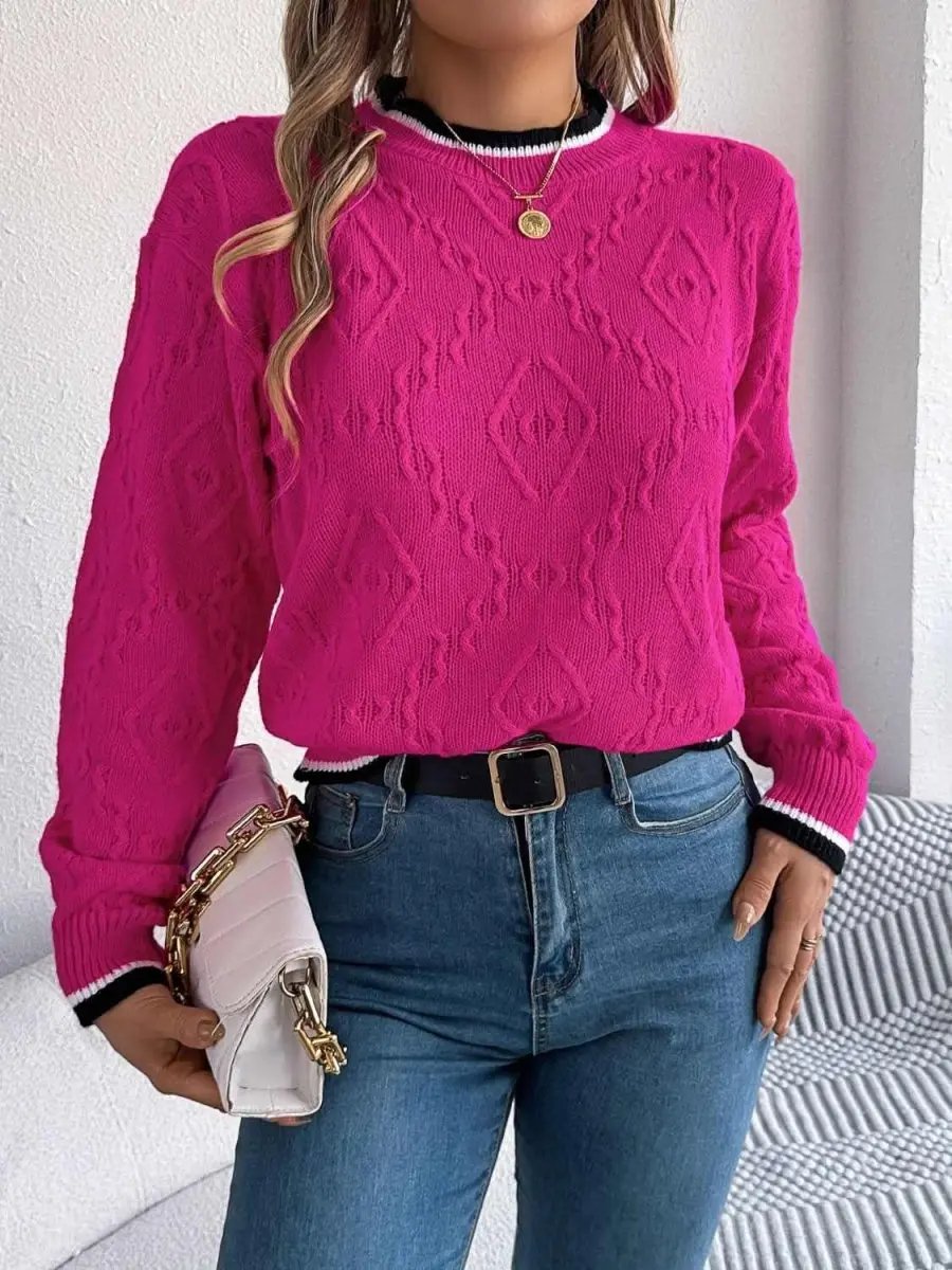 Sweaters Trendsi Contrast Trim Sweater Women's Versatile Acrylic Long Sleeve Top