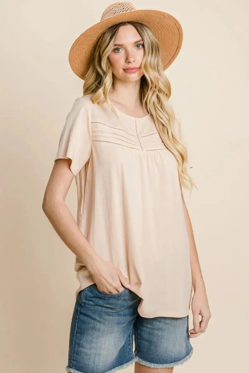 T-Shirts Trendsi Cotton Bleu Eyelet Women's T-Shirt Casual Everyday Top Soft & Breathable