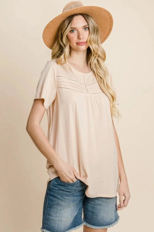 T-Shirts Trendsi Cotton Bleu Eyelet Women's T-Shirt Casual Everyday Top Soft & Breathable