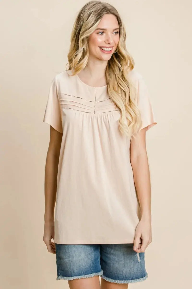 T-Shirts Trendsi Cotton Bleu Eyelet Women's T-Shirt Casual Everyday Top Soft & Breathable