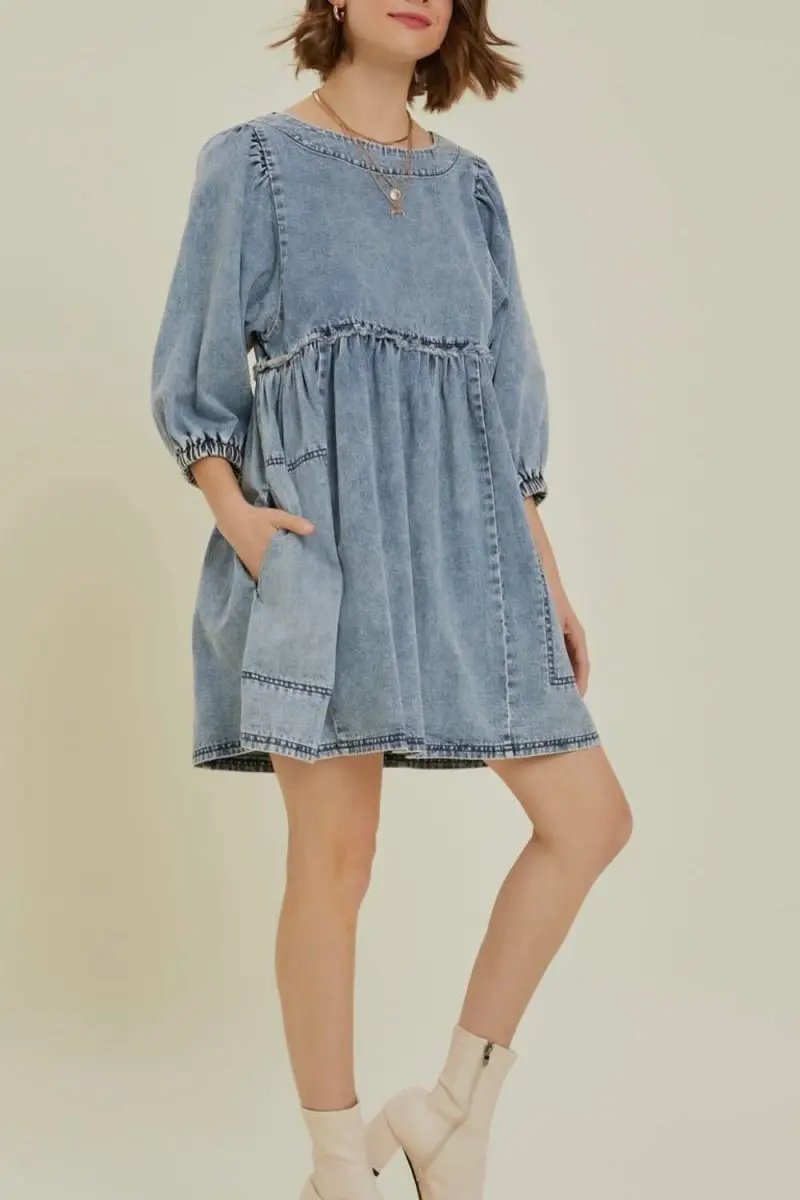 Dresses Trendsi Denim Dress Women's Casual Mini Dress Cutout Round Neck Balloon Sleeve