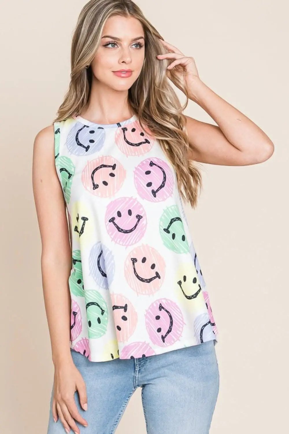 Trendsi Smiley Face Graphic Tank Top | Ivory