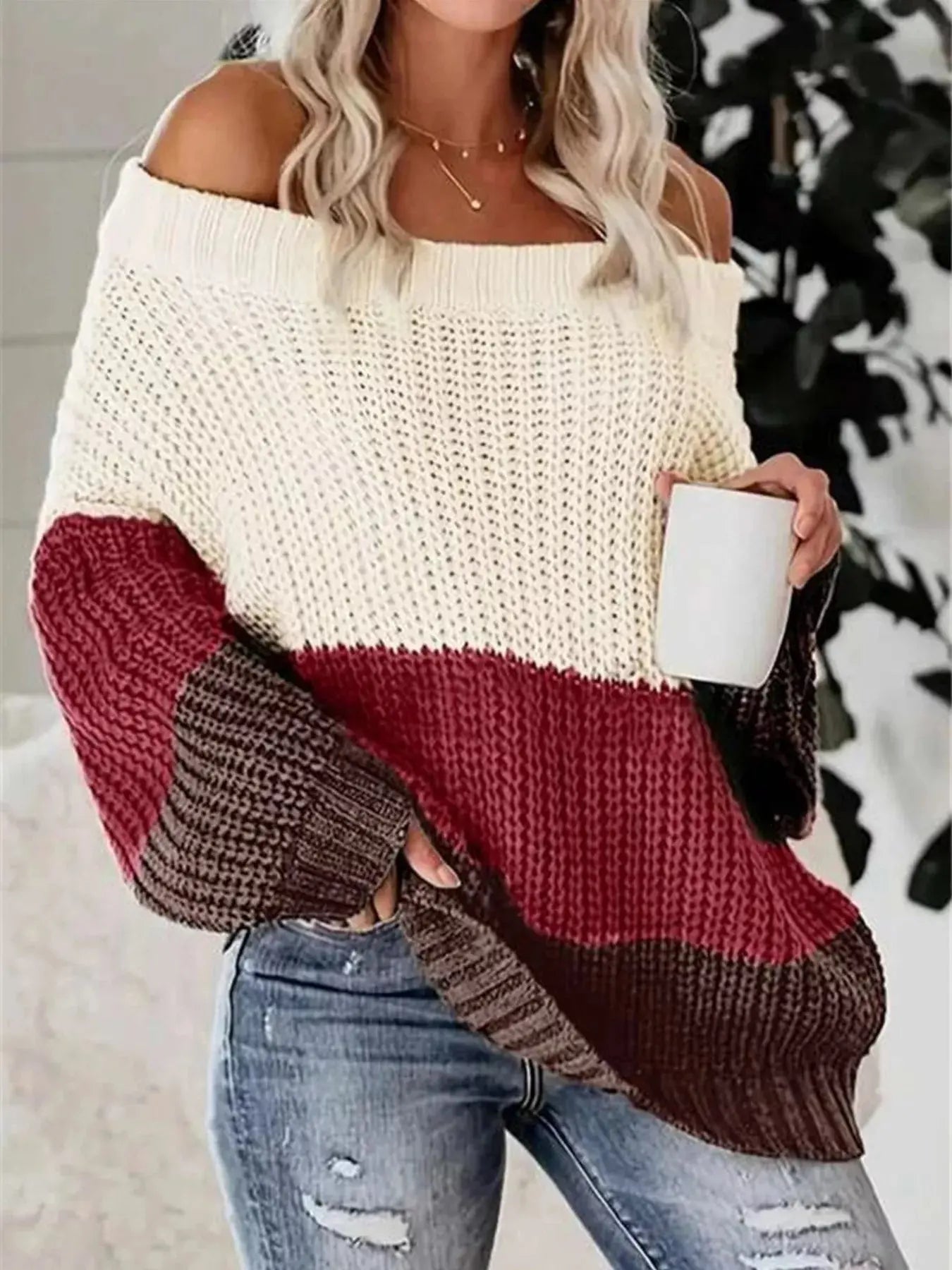 Color Block Off Shoulder Sweater