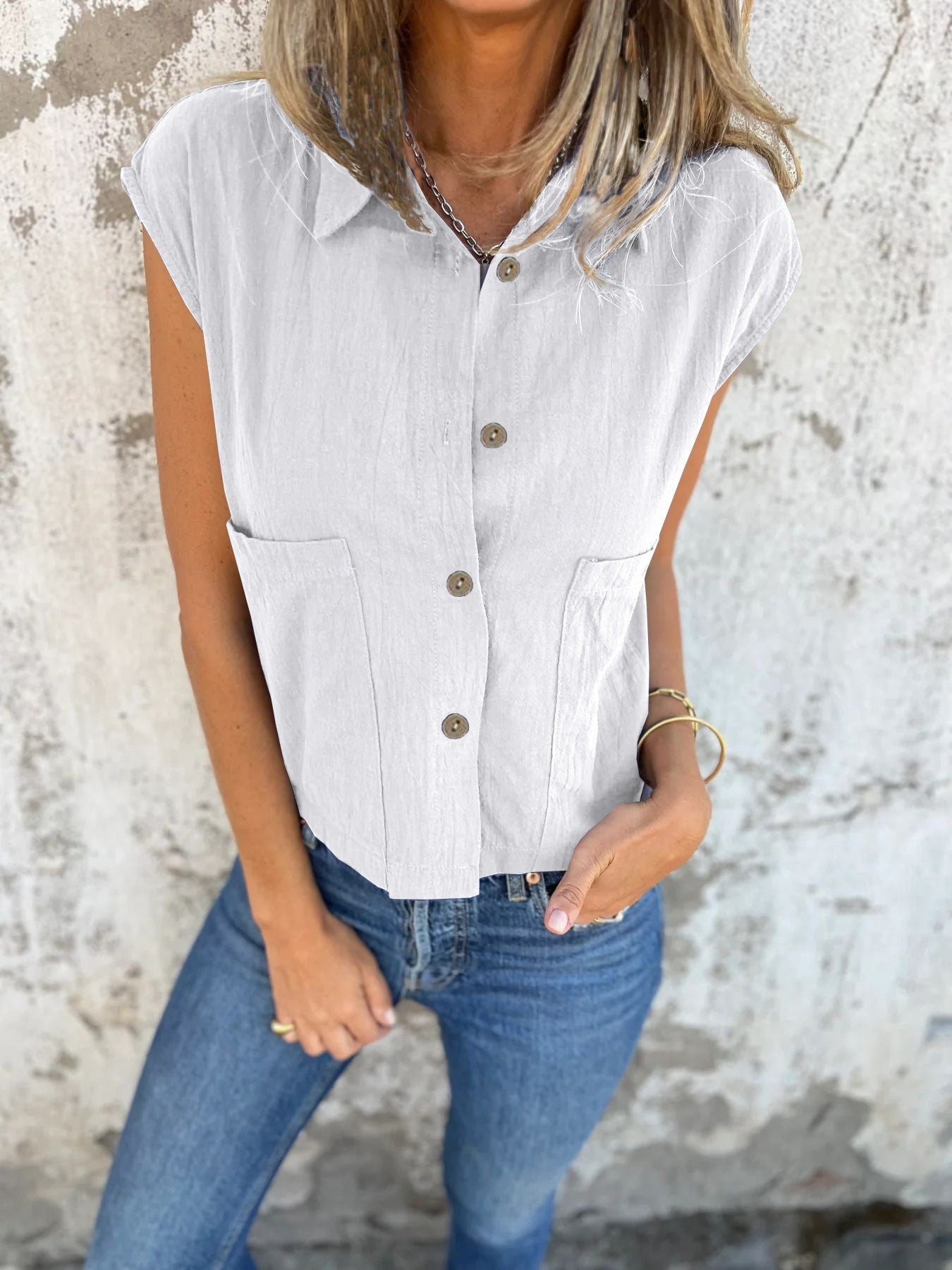 Women's Button Down Cap Sleeve Blouse
