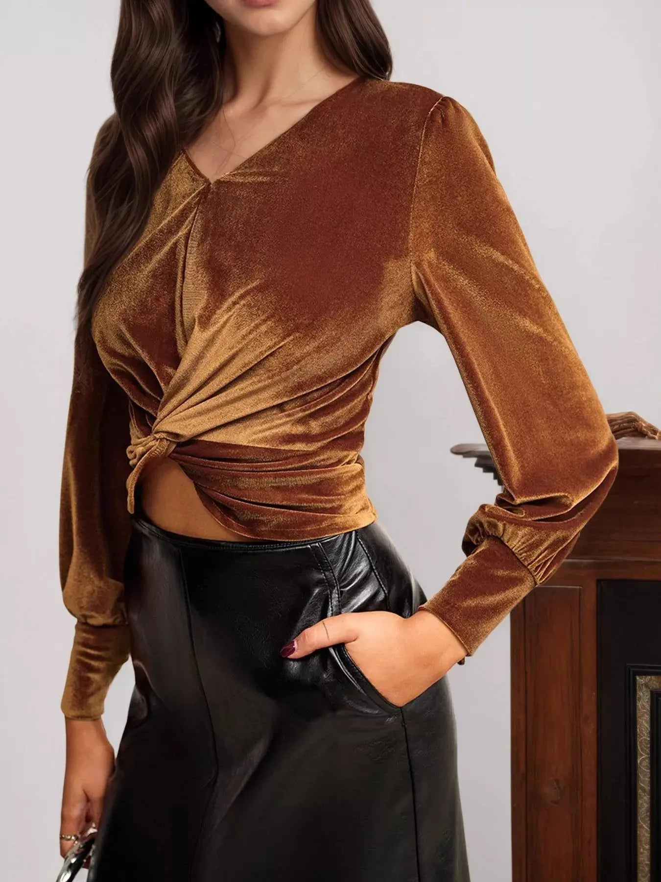 Twisted V Neck Long Sleeve Blouse