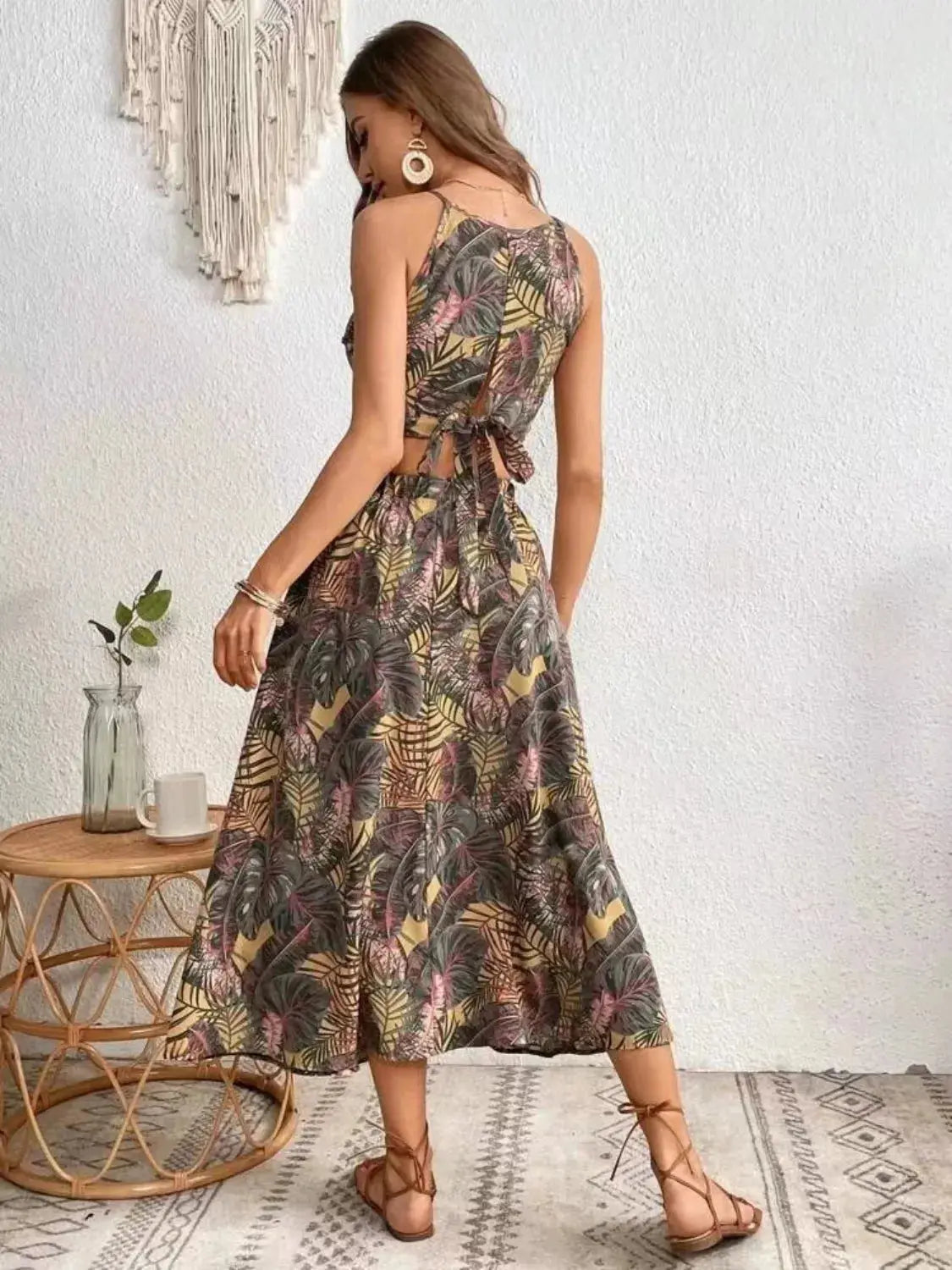 Tropical Leaf Print Two Piece Midi Skirt Set