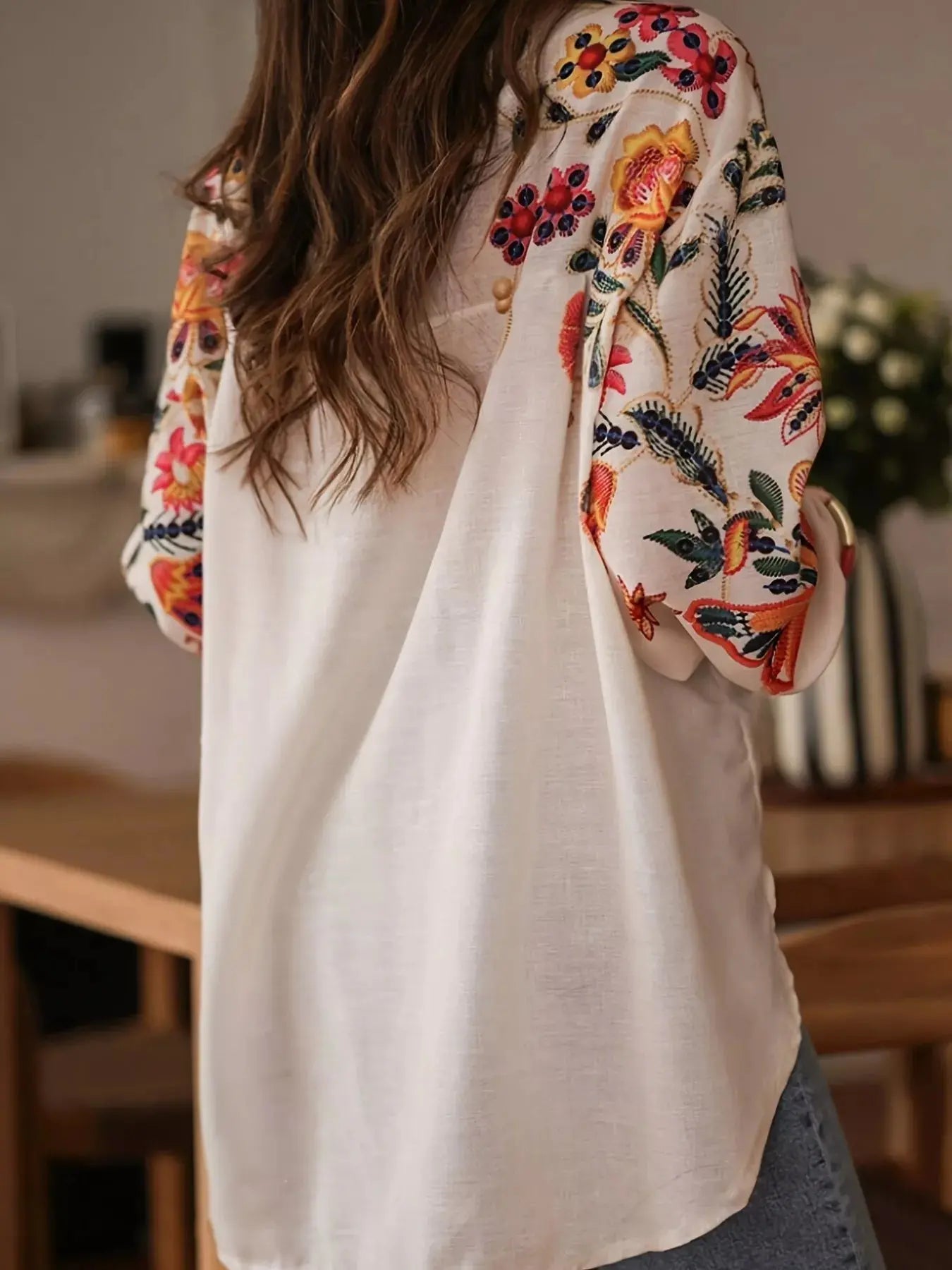 Embroidered Floral Button Up Long Sleeve Shirt