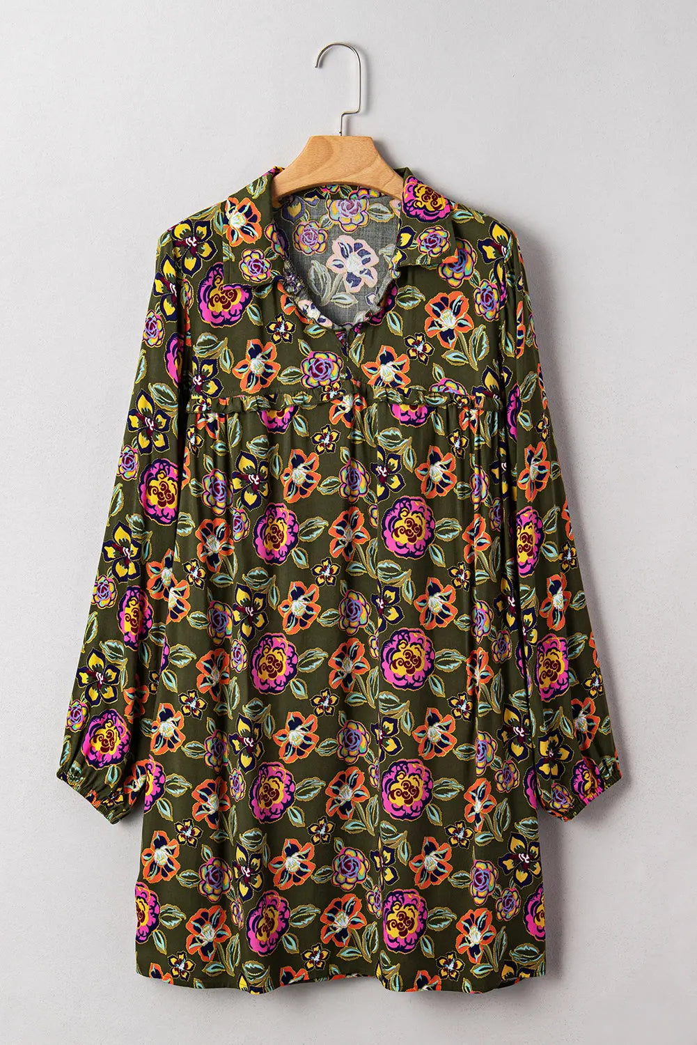 Floral Print Split Neck Bubble Sleeve Mini Dress