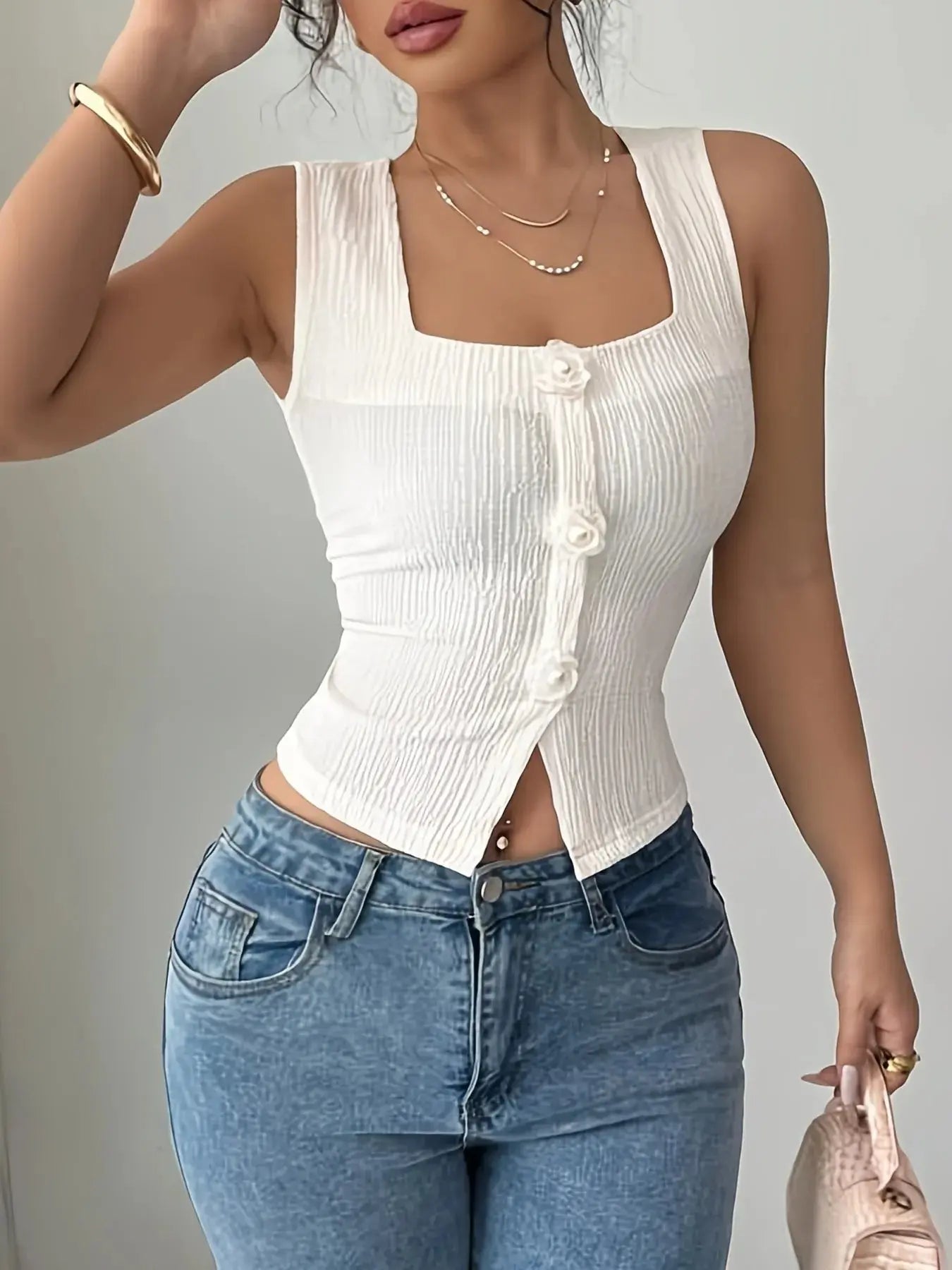 Flower Button Square Neck Tank