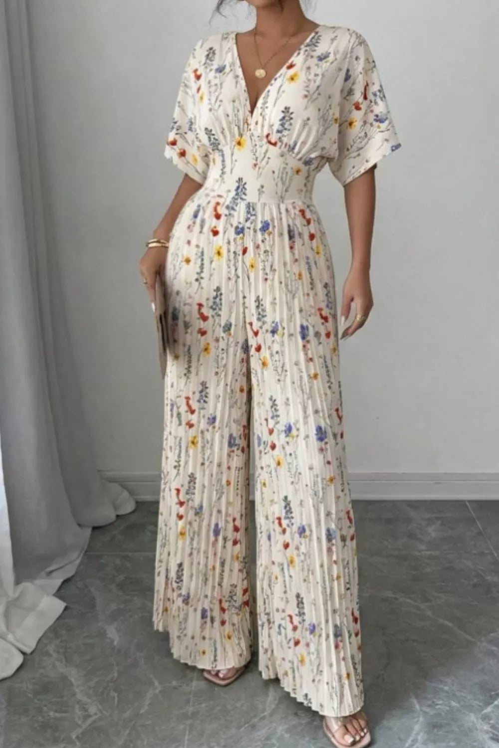 Floral Print Pleated Wide Leg Jumpsuit