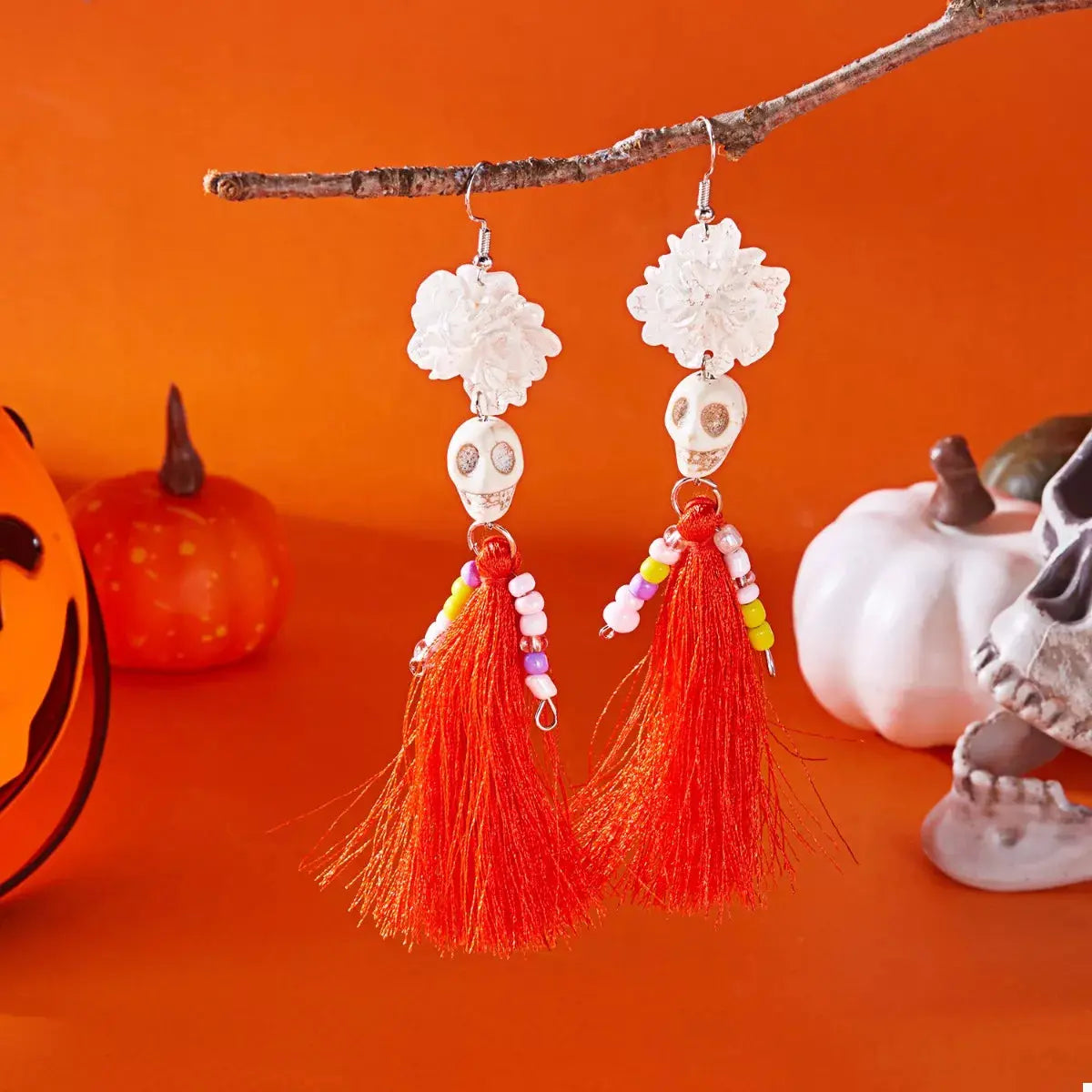 Sugar Skull Tassel Halloween Drop Earrings