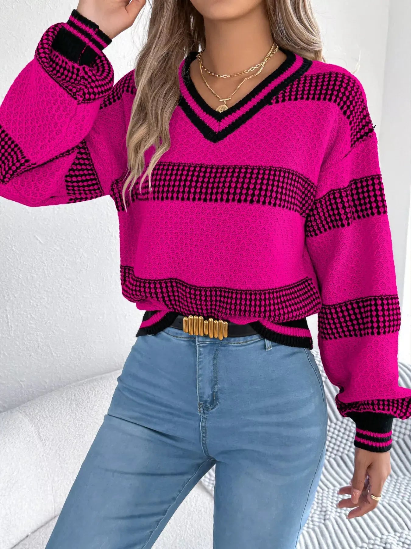 Contrast Striped V Neck Sweater
