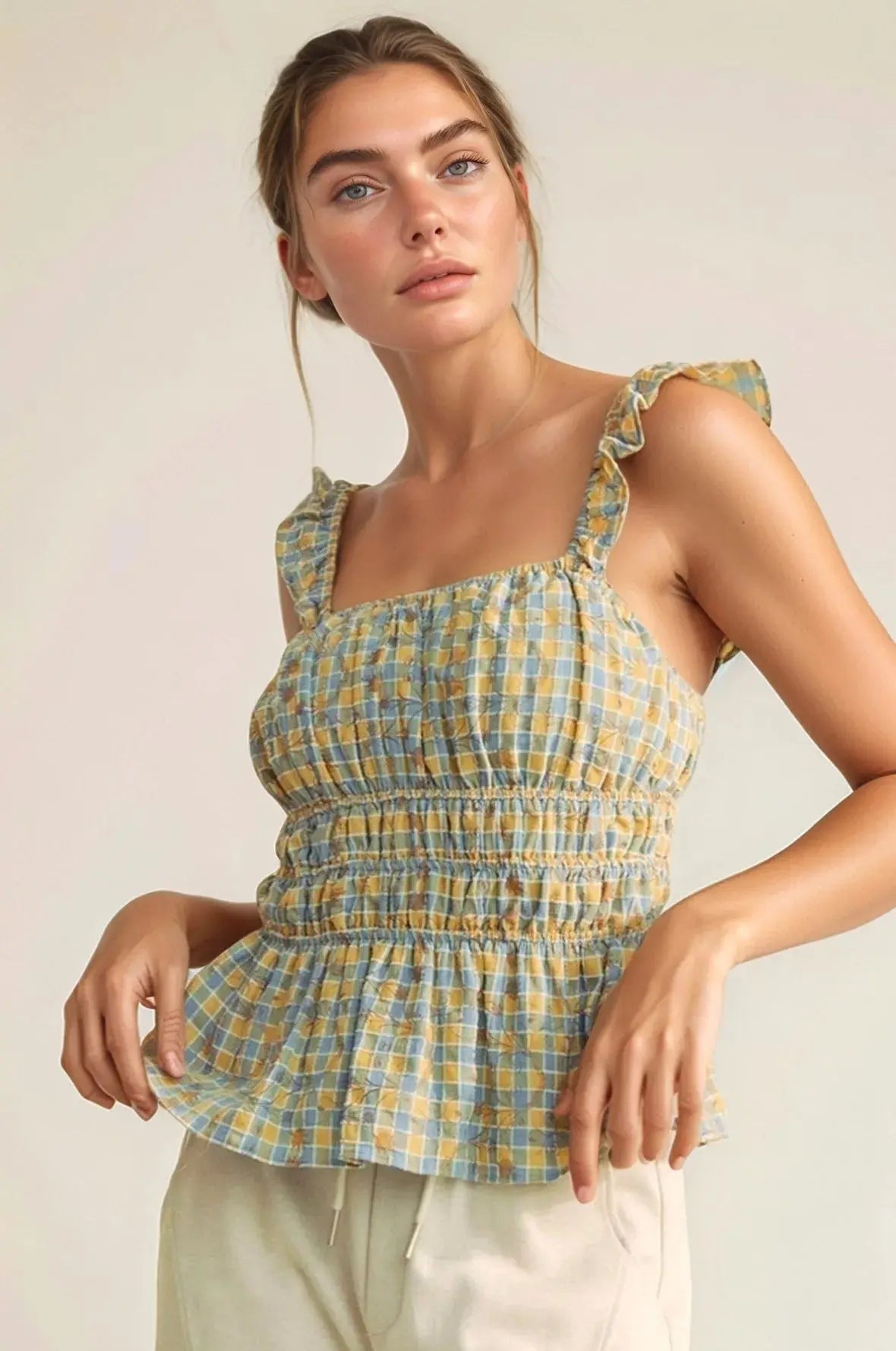 Women's Tank Top Tank Top - Plaid Smocked Ruffle Strap - Cute