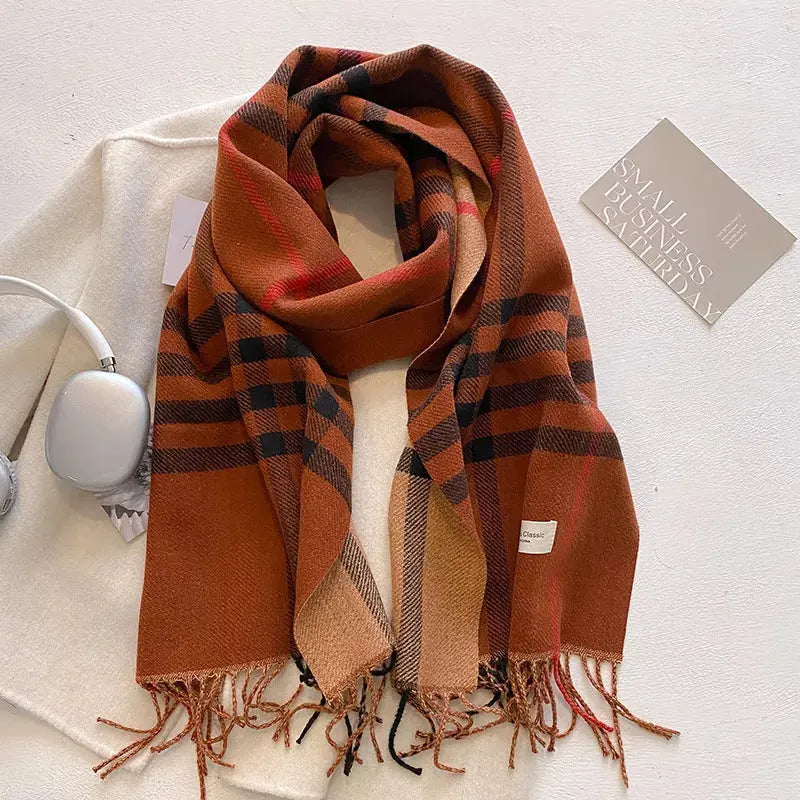 Plaid Fringe Winter Womens Scarf