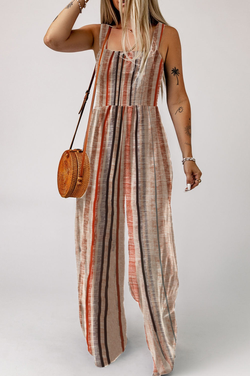 Stripe Square Neck Sleeveless Smocked Bodice Wide Leg Jumpsuit