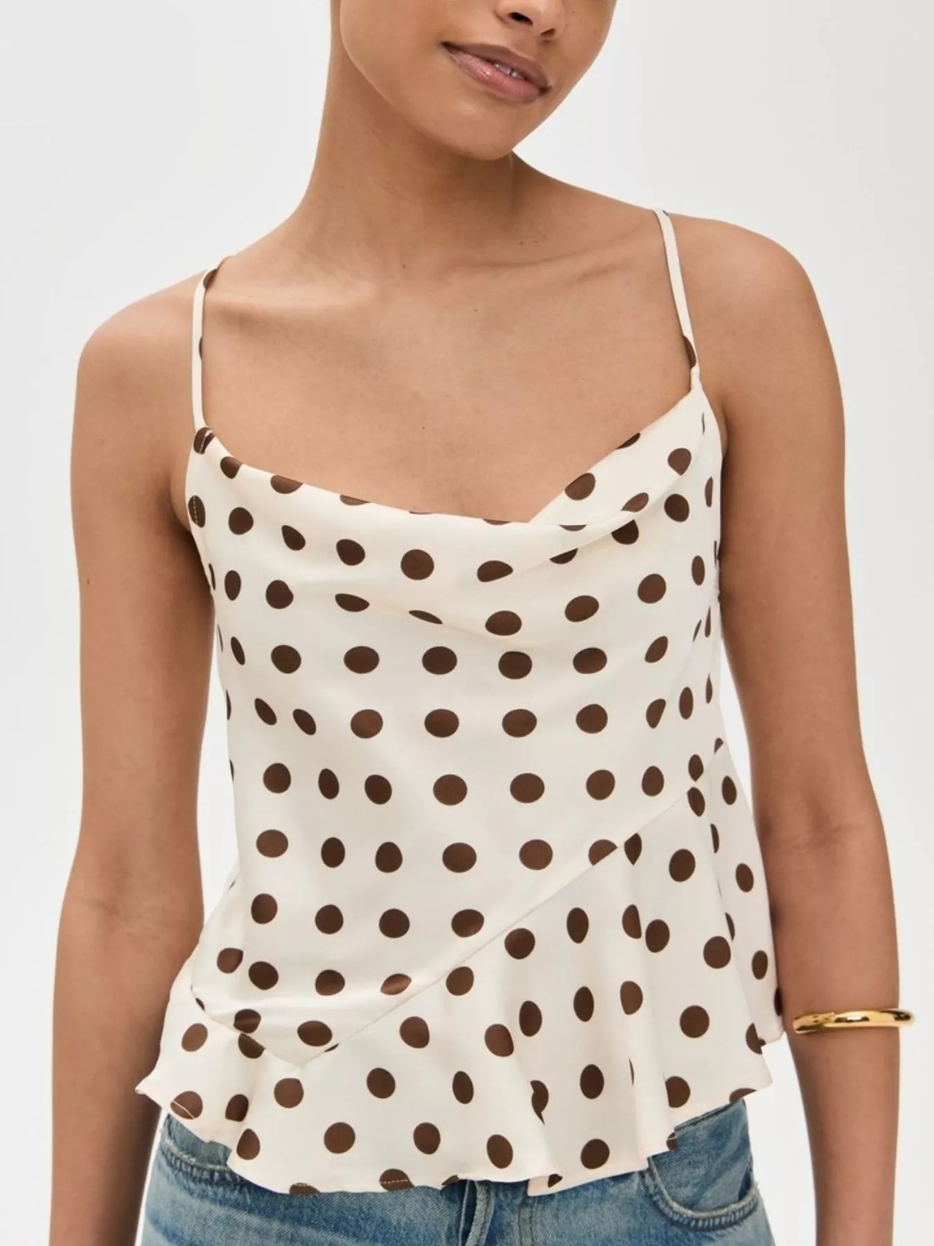 Cowl Neck Polka Dot Cami with Crisscross Back Tie