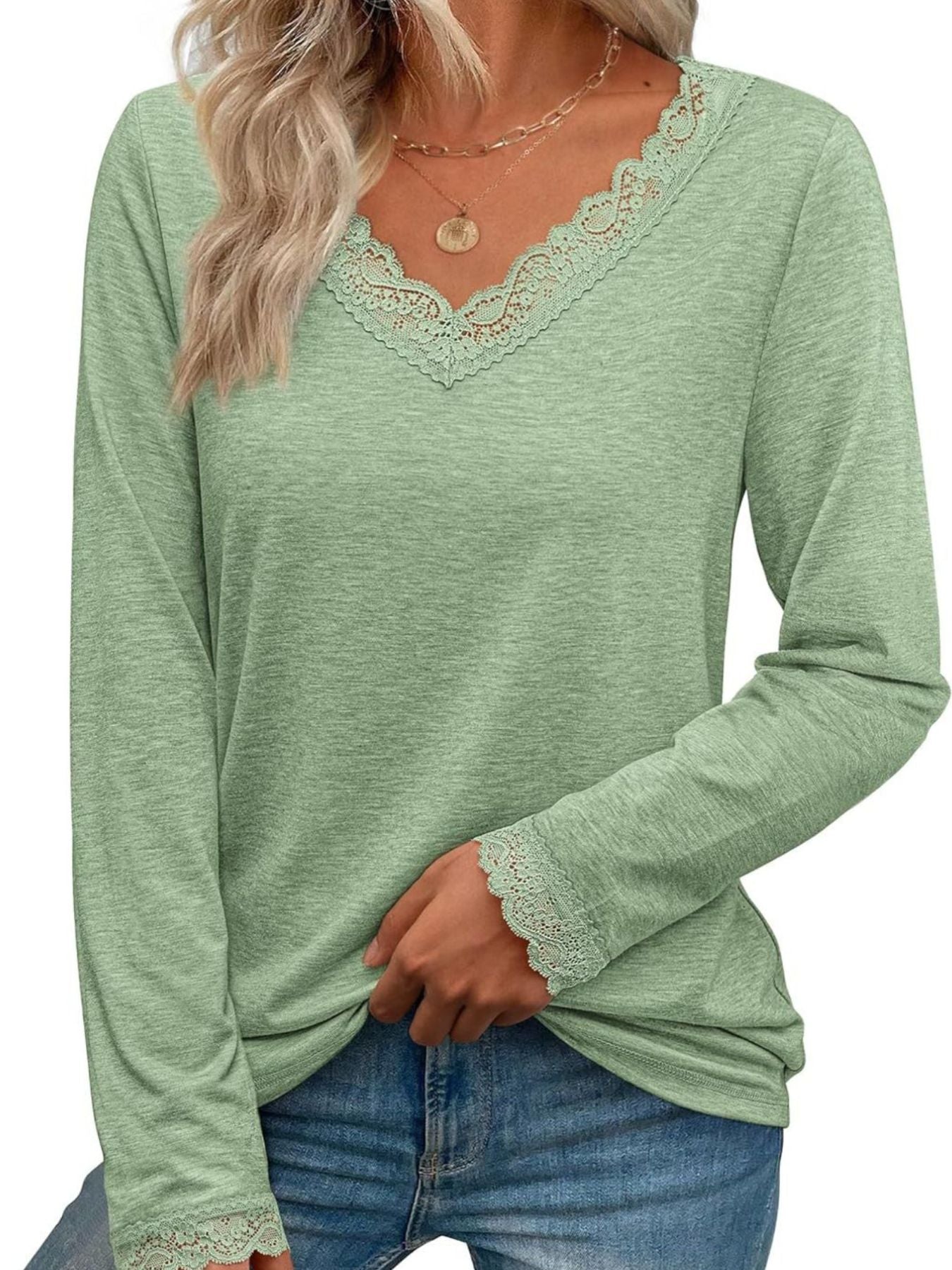 Women's Lace Trim V Neck Long Sleeve Top