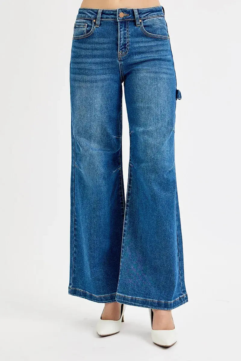 RISEN Jeans - Plus Size High Rise Wide Leg Patch Detailed Jeans