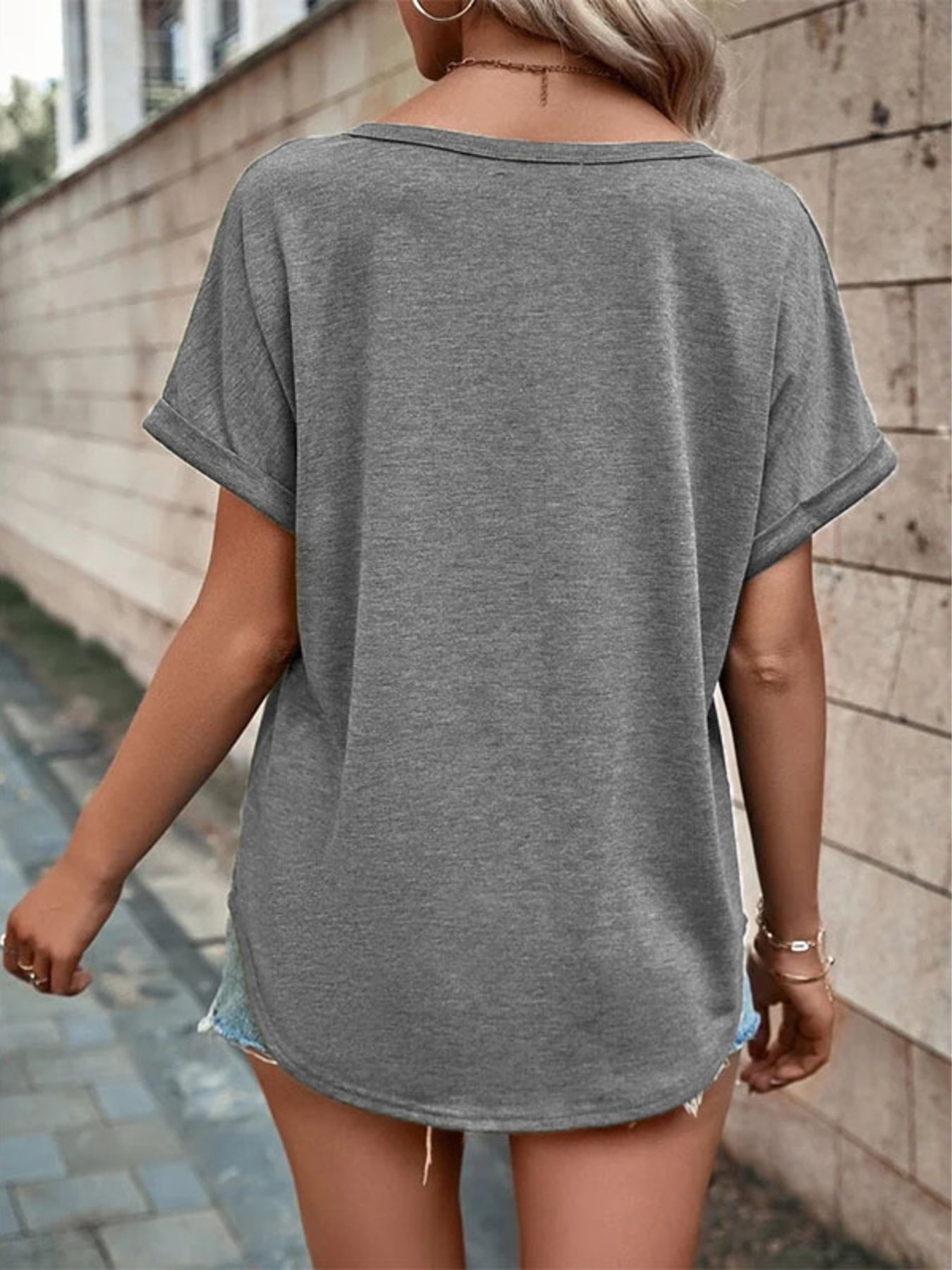 Full Size Decor Button Short Sleeve T Shirt
