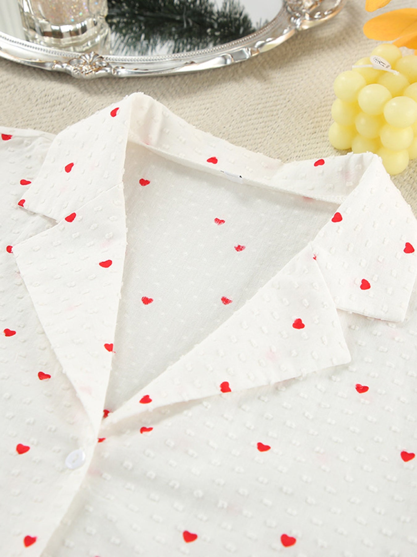 Heart Print Ruffle Trim Button-Up Cotton Lounge Set