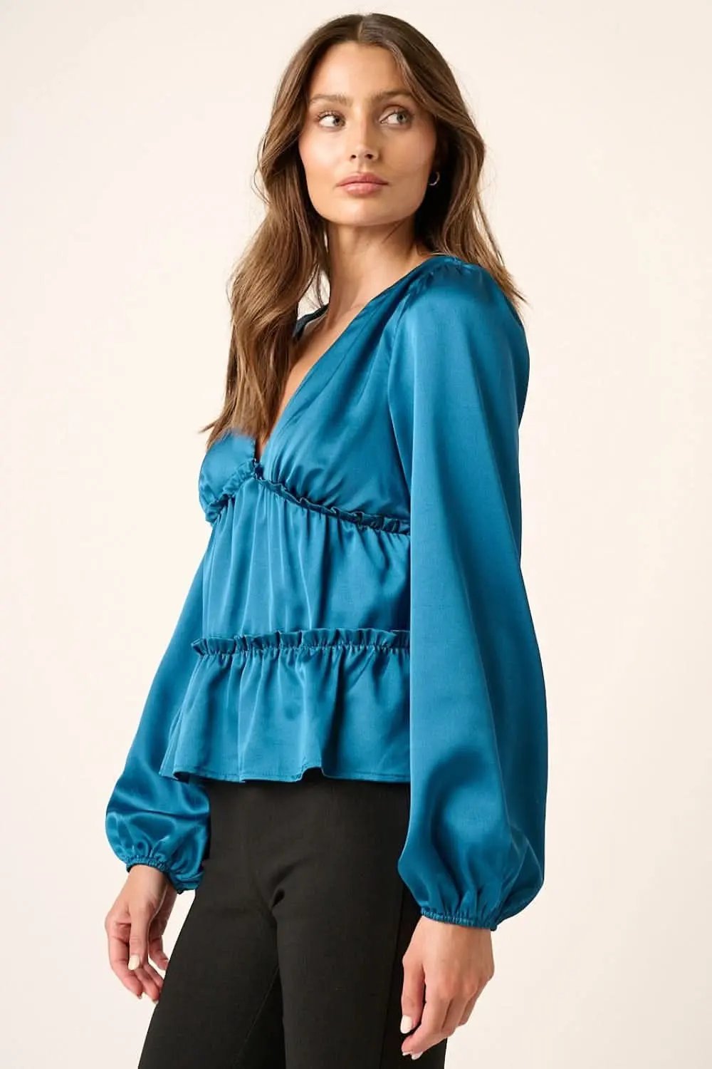 Women's Blouse Satin Blouse - V-Neck Ruffled Tier - Elegant Office & Date Top