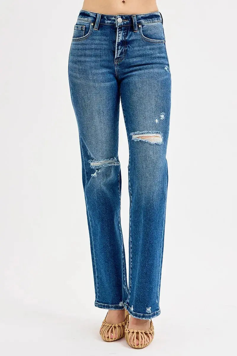 RISEN Jeans - Plus Size Tummy Control High Rise Straight Distressed Jeans