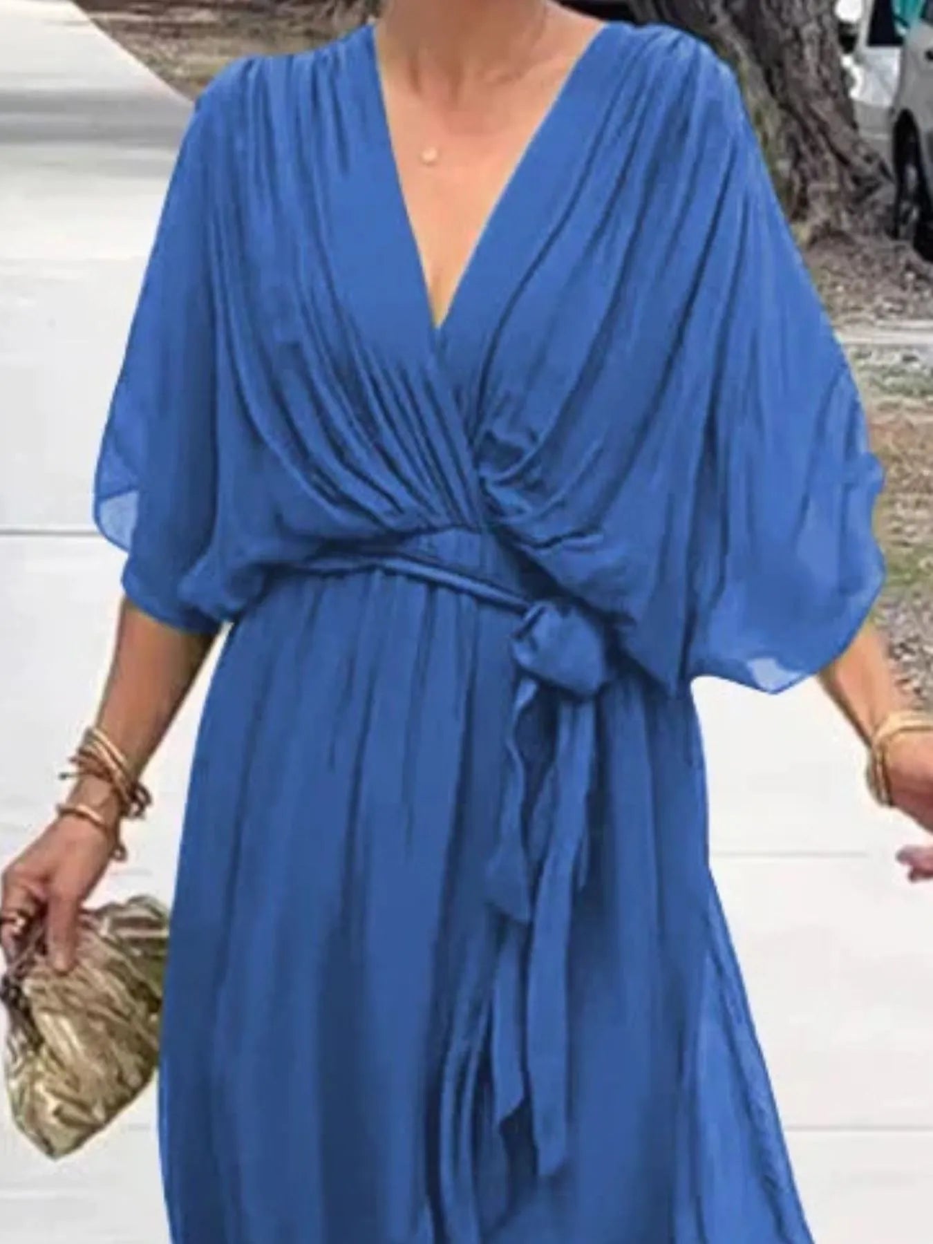 Flowy Tie Front Midi Dress with Flutter Sleeves